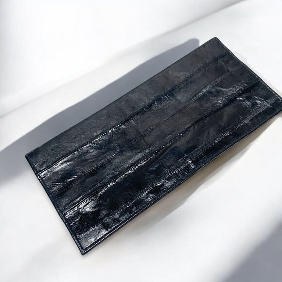 Vintage Eelskin Leather Checkbook Cover Black Slim Bifold Design - Picture 2 of 8